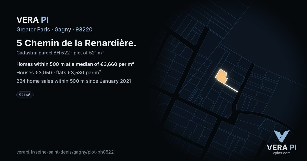 5 Chemin de la Renardière, Gagny at night – the plot lit, the parcels around coloured by the prices near them