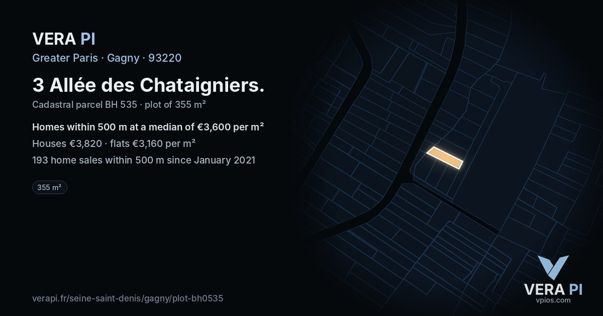 3 Allée des Chataigniers, Gagny at night – the plot lit, the parcels around coloured by the prices near them