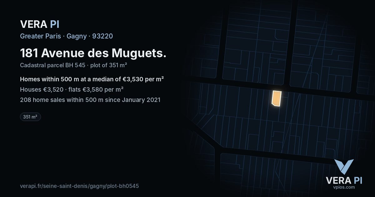 181 Avenue des Muguets, Gagny at night – the plot lit, the parcels around coloured by the prices near them