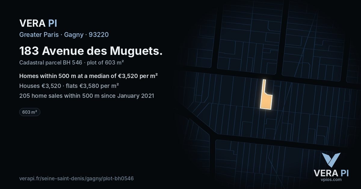 183 Avenue des Muguets, Gagny at night – the plot lit, the parcels around coloured by the prices near them