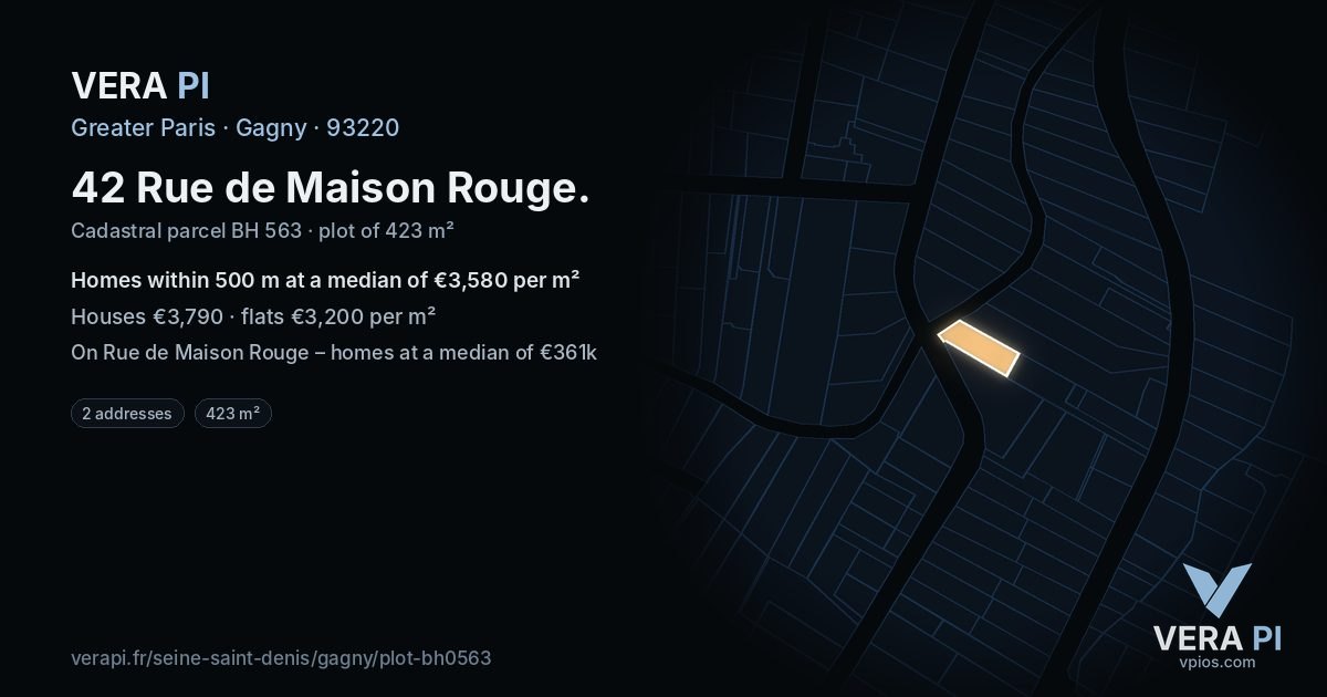 42 Rue de Maison Rouge, Gagny at night – the plot lit, the parcels around coloured by the prices near them
