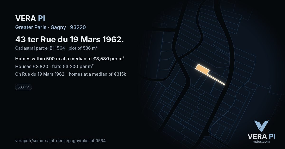 43 ter Rue du 19 Mars 1962, Gagny at night – the plot lit, the parcels around coloured by the prices near them
