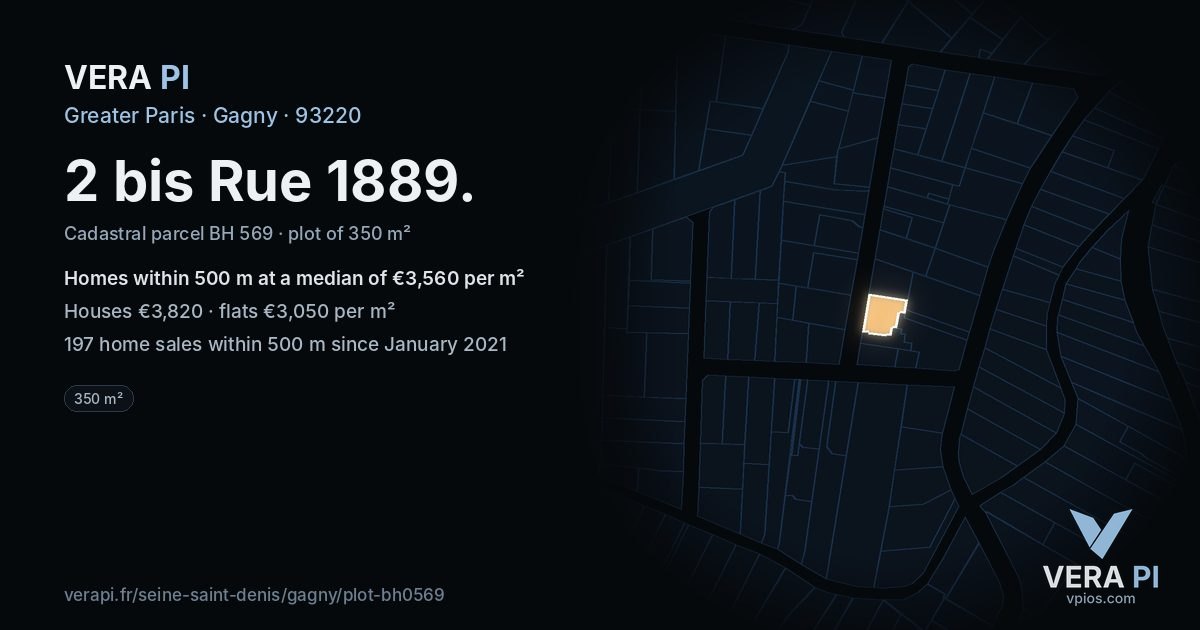 2 bis Rue 1889, Gagny at night – the plot lit, the parcels around coloured by the prices near them