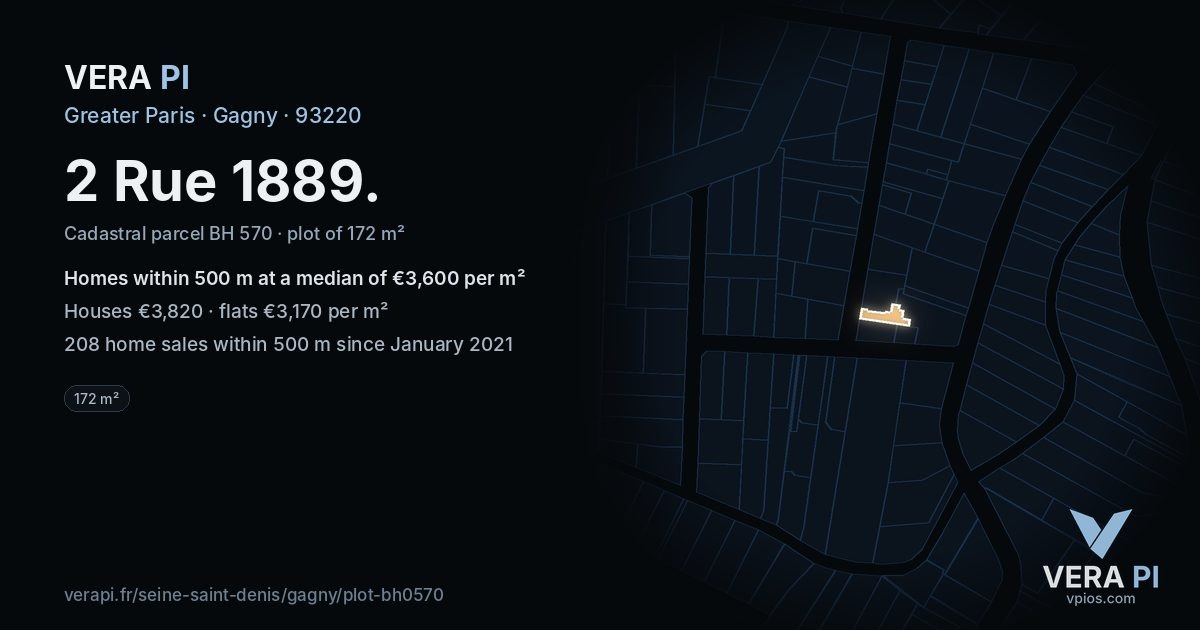 2 Rue 1889, Gagny at night – the plot lit, the parcels around coloured by the prices near them