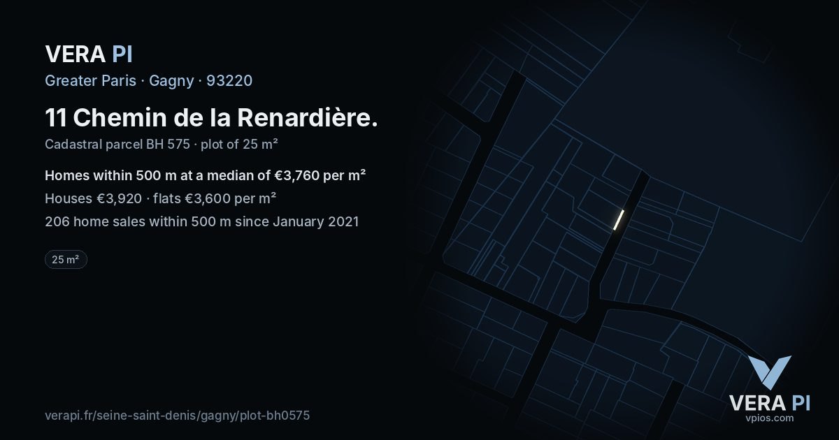 11 Chemin de la Renardière, Gagny at night – the plot lit, the parcels around coloured by the prices near them