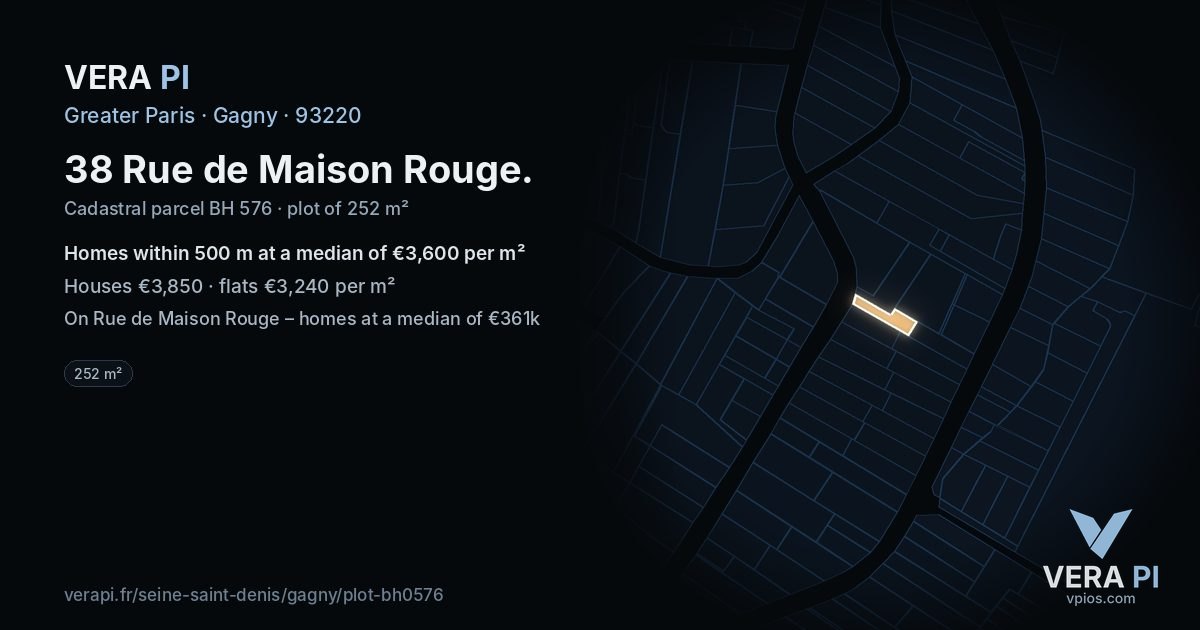 38 Rue de Maison Rouge, Gagny at night – the plot lit, the parcels around coloured by the prices near them