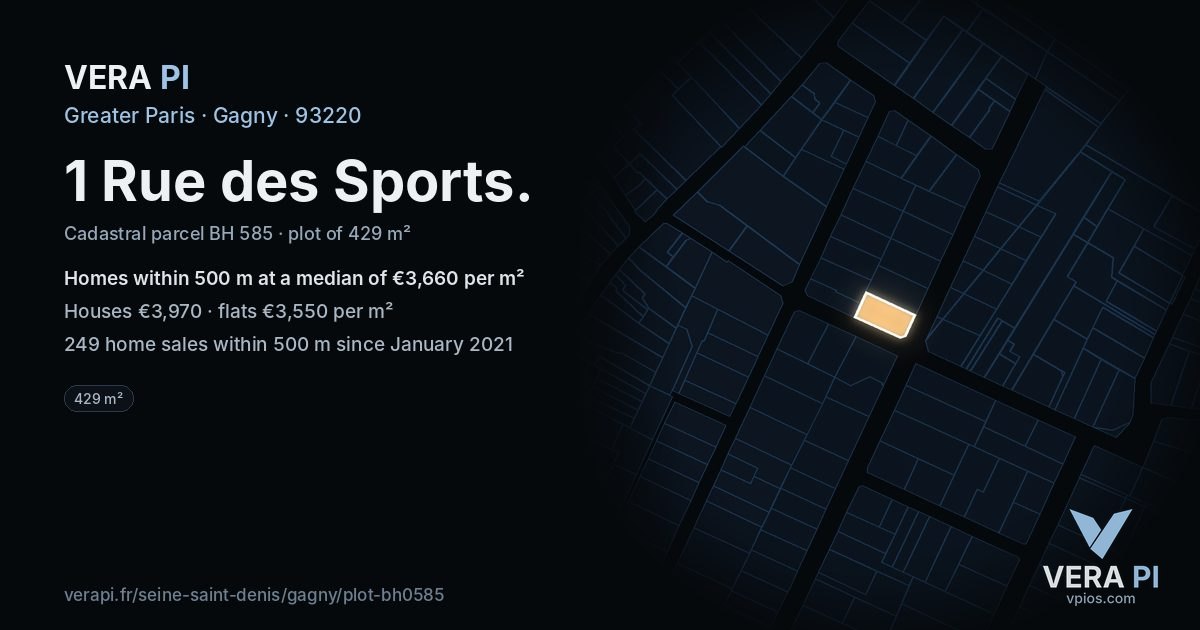 1 Rue des Sports, Gagny at night – the plot lit, the parcels around coloured by the prices near them
