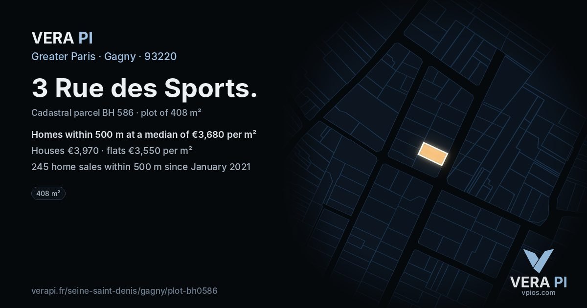 3 Rue des Sports, Gagny at night – the plot lit, the parcels around coloured by the prices near them