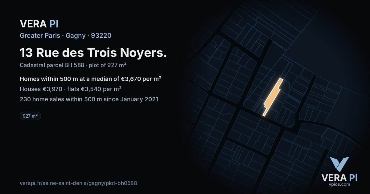 13 Rue des Trois Noyers, Gagny at night – the plot lit, the parcels around coloured by the prices near them
