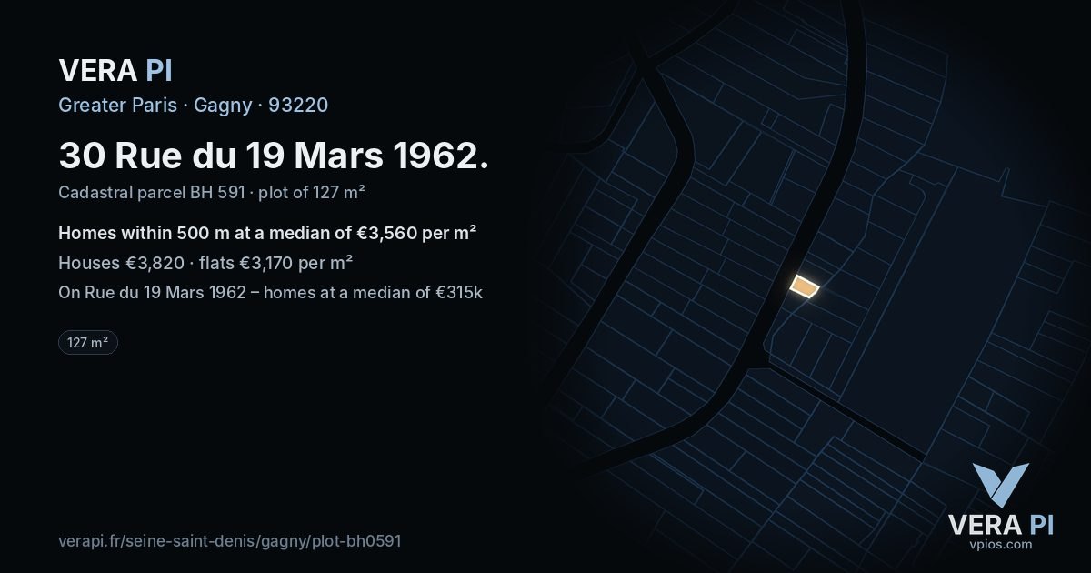 30 Rue du 19 Mars 1962, Gagny at night – the plot lit, the parcels around coloured by the prices near them