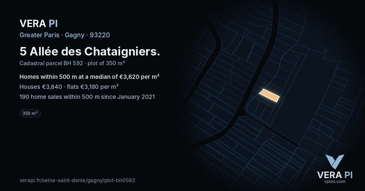 5 Allée des Chataigniers, Gagny at night – the plot lit, the parcels around coloured by the prices near them