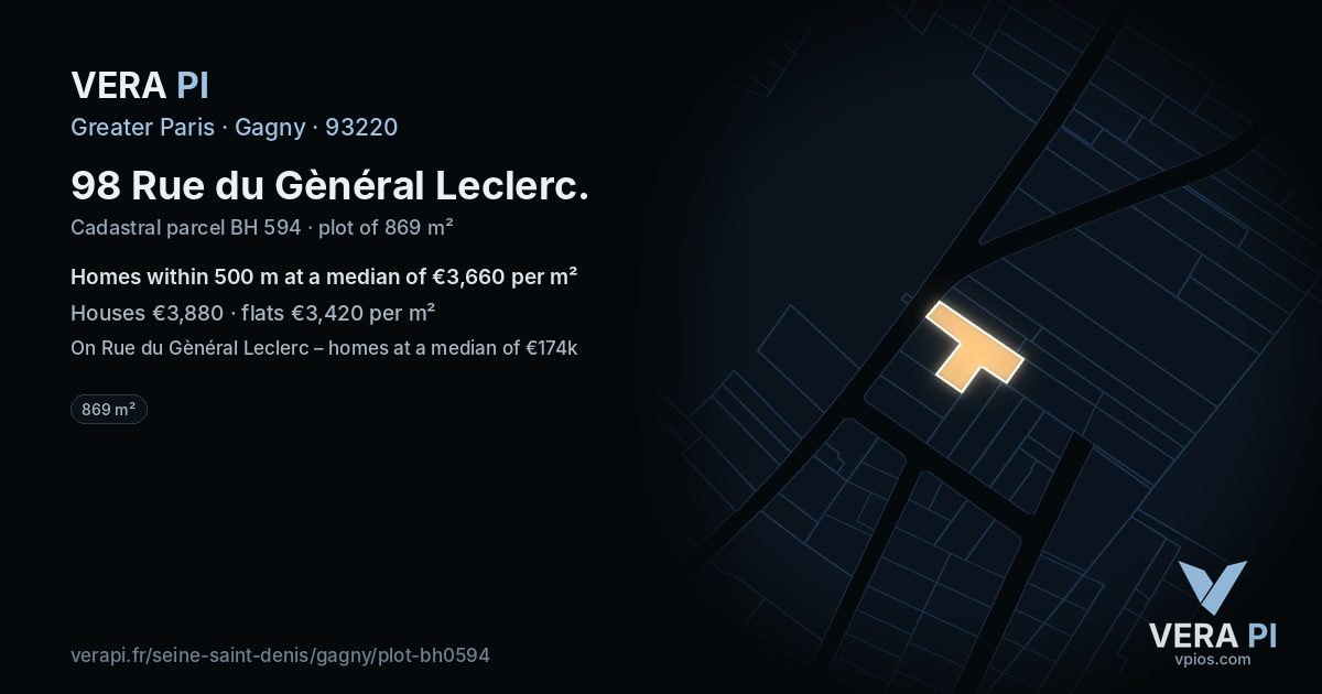 98 Rue du Gènéral Leclerc, Gagny at night – the plot lit, the parcels around coloured by the prices near them