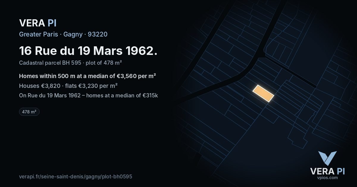16 Rue du 19 Mars 1962, Gagny at night – the plot lit, the parcels around coloured by the prices near them