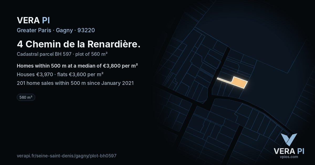 4 Chemin de la Renardière, Gagny at night – the plot lit, the parcels around coloured by the prices near them