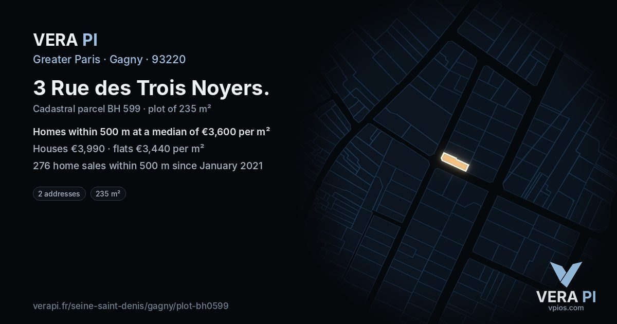 3 Rue des Trois Noyers, Gagny at night – the plot lit, the parcels around coloured by the prices near them