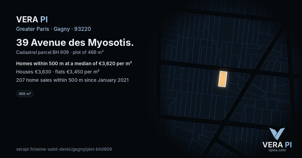 39 Avenue des Myosotis, Gagny at night – the plot lit, the parcels around coloured by the prices near them