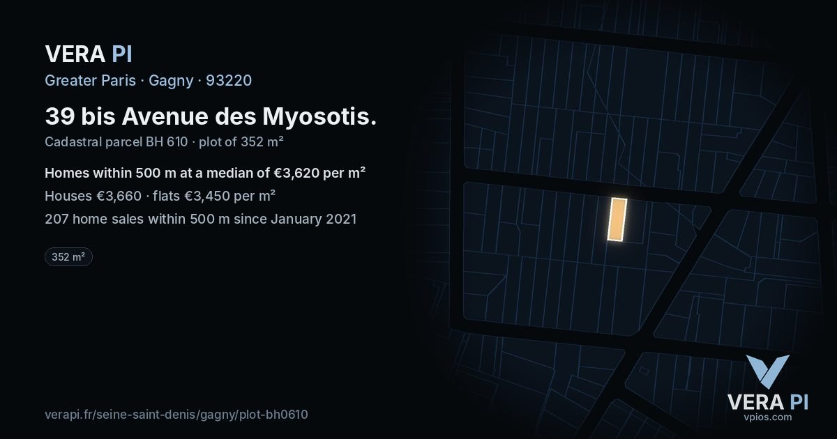 39 bis Avenue des Myosotis, Gagny at night – the plot lit, the parcels around coloured by the prices near them