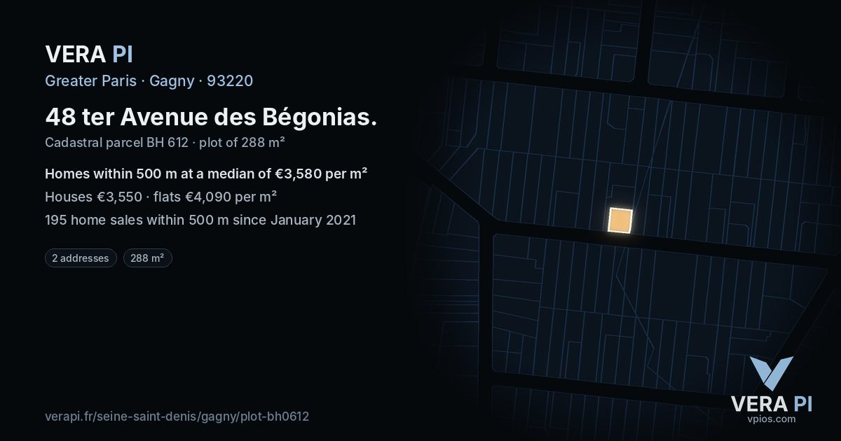 48 ter Avenue des Bégonias, Gagny at night – the plot lit, the parcels around coloured by the prices near them