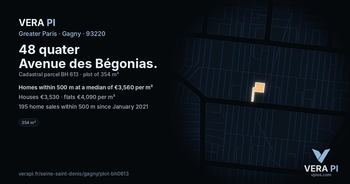 48 quater Avenue des Bégonias, Gagny at night – the plot lit, the parcels around coloured by the prices near them