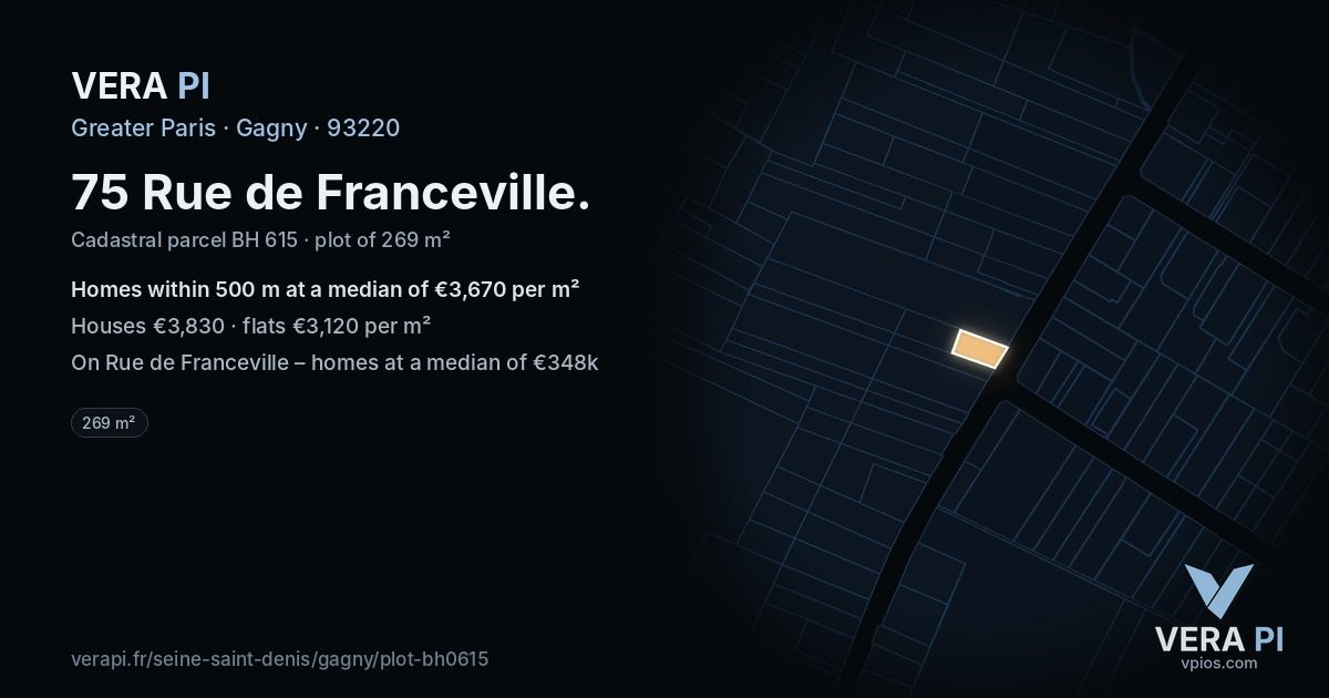 75 Rue de Franceville, Gagny at night – the plot lit, the parcels around coloured by the prices near them