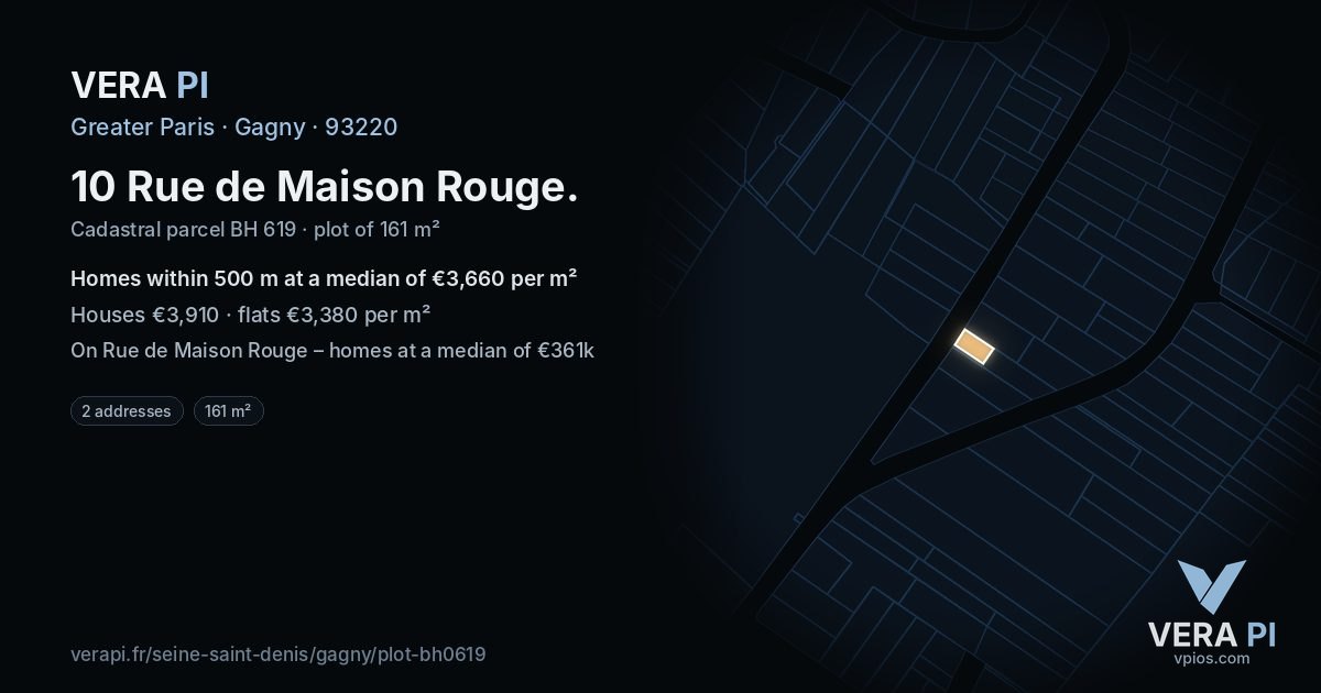 10 Rue de Maison Rouge, Gagny at night – the plot lit, the parcels around coloured by the prices near them