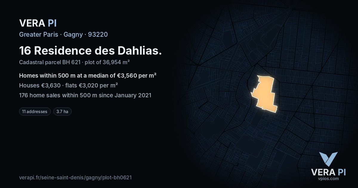 16 Residence des Dahlias, Gagny at night – the plot lit, the parcels around coloured by the prices near them