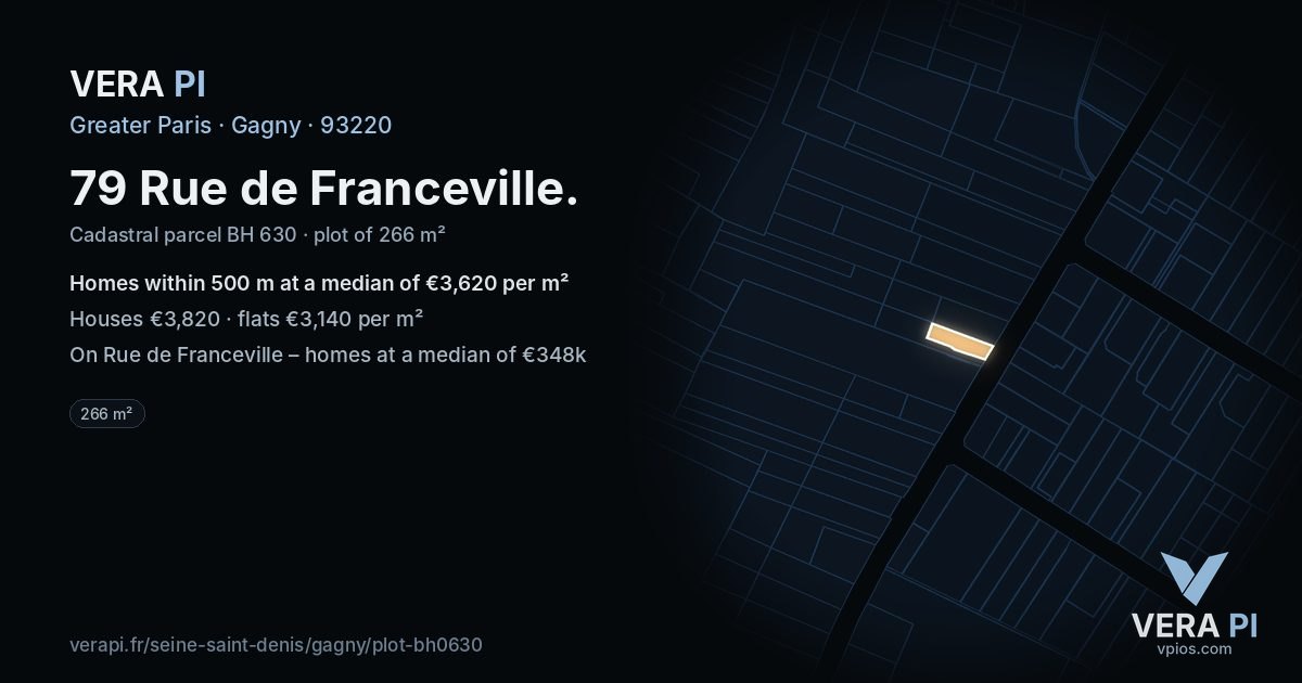 79 Rue de Franceville, Gagny at night – the plot lit, the parcels around coloured by the prices near them