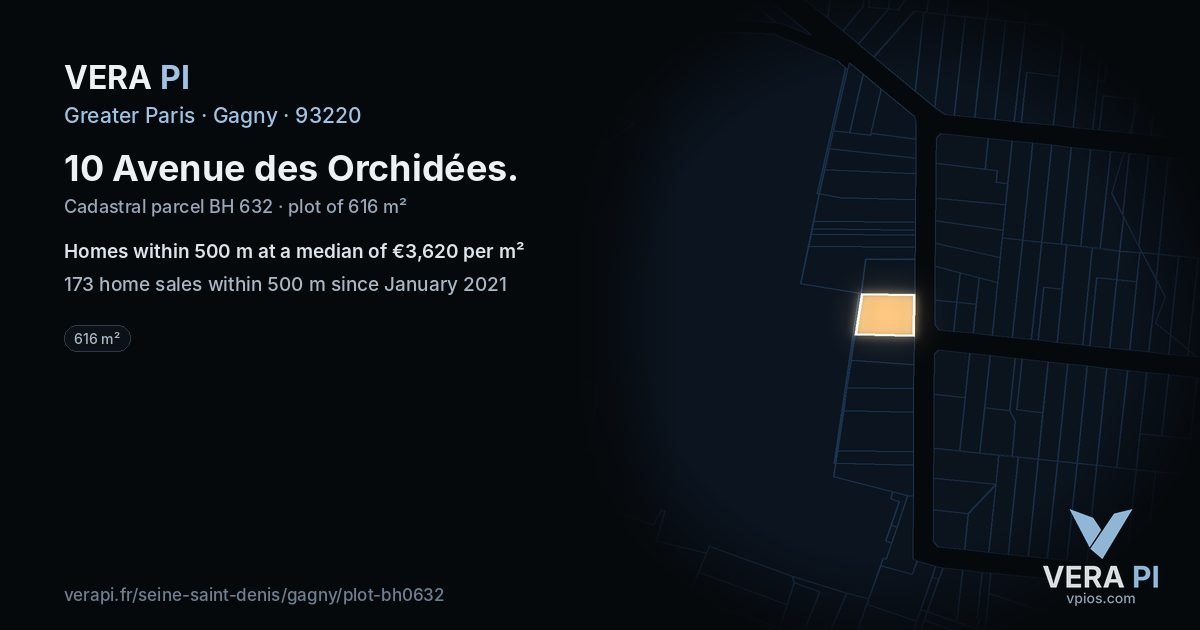 10 Avenue des Orchidées, Gagny at night – the plot lit, the parcels around coloured by the prices near them