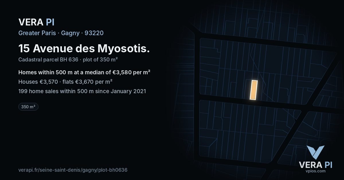 15 Avenue des Myosotis, Gagny at night – the plot lit, the parcels around coloured by the prices near them
