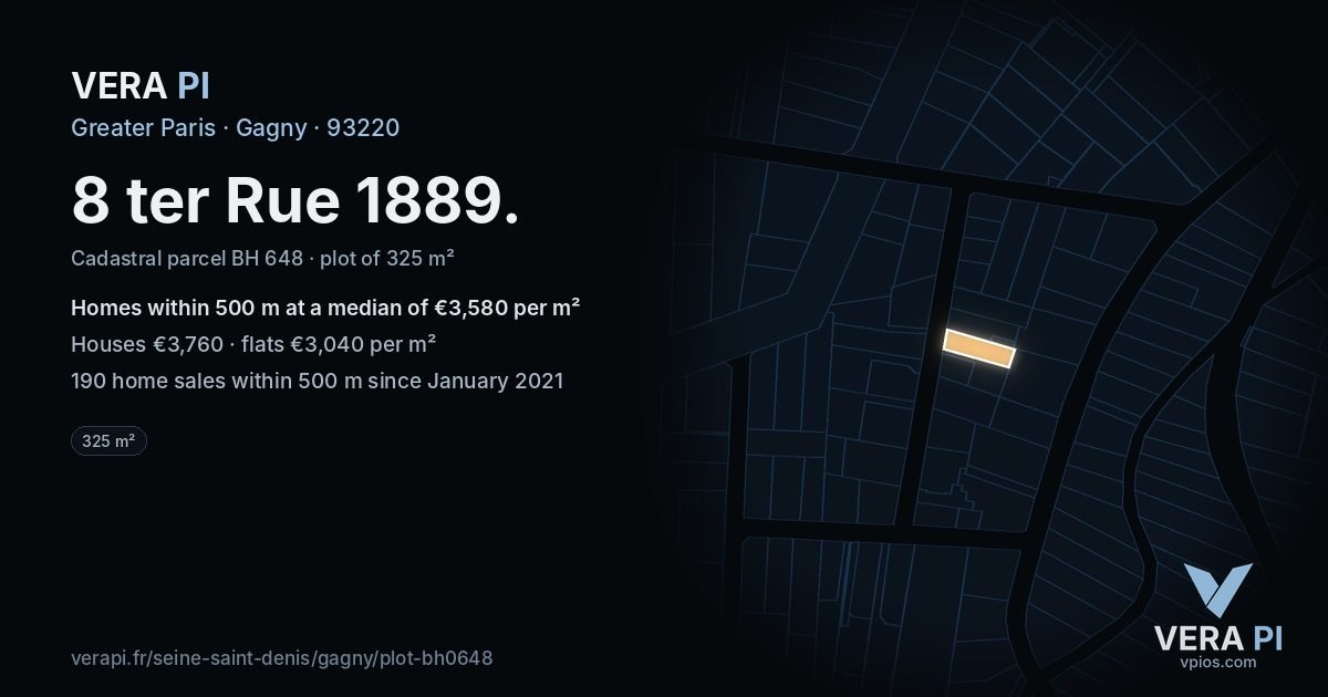 8 ter Rue 1889, Gagny at night – the plot lit, the parcels around coloured by the prices near them
