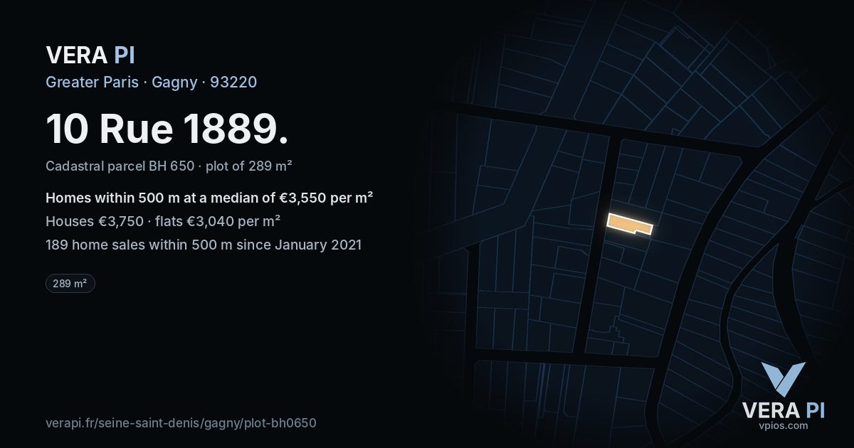 10 Rue 1889, Gagny at night – the plot lit, the parcels around coloured by the prices near them