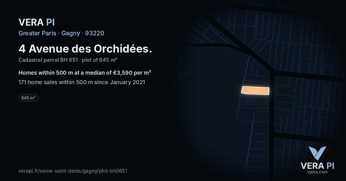 4 Avenue des Orchidées, Gagny at night – the plot lit, the parcels around coloured by the prices near them