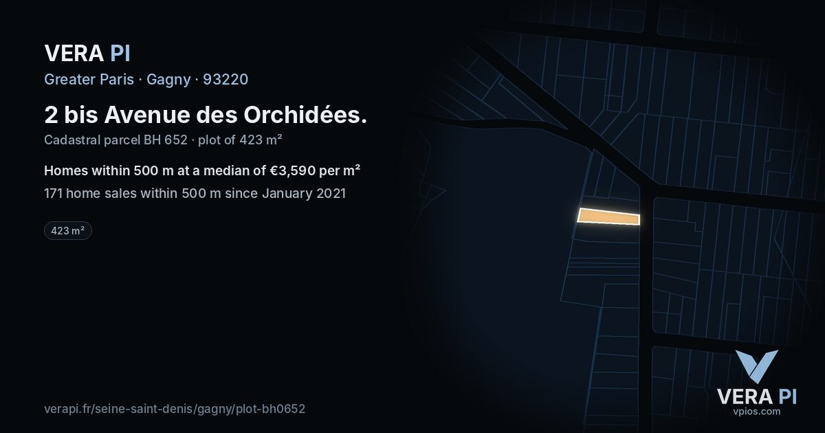 2 bis Avenue des Orchidées, Gagny at night – the plot lit, the parcels around coloured by the prices near them