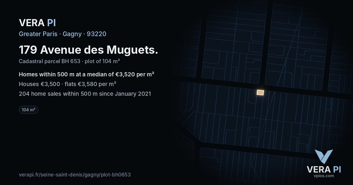 179 Avenue des Muguets, Gagny at night – the plot lit, the parcels around coloured by the prices near them