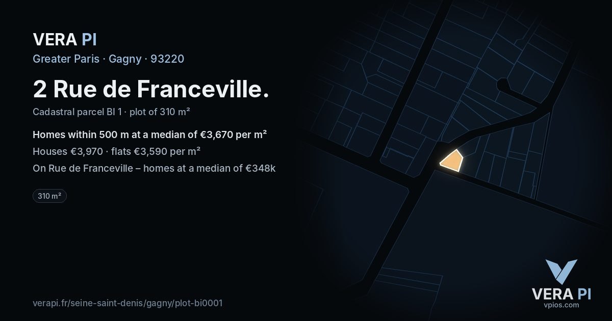 2 Rue de Franceville, Gagny at night – the plot lit, the parcels around coloured by the prices near them