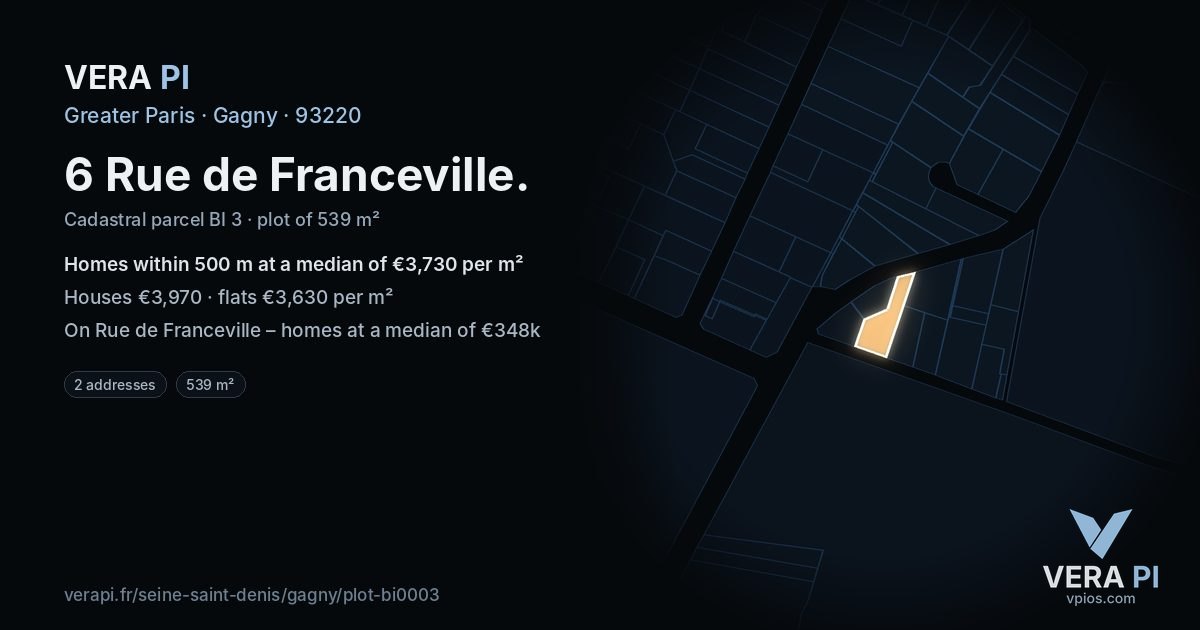 6 Rue de Franceville, Gagny at night – the plot lit, the parcels around coloured by the prices near them