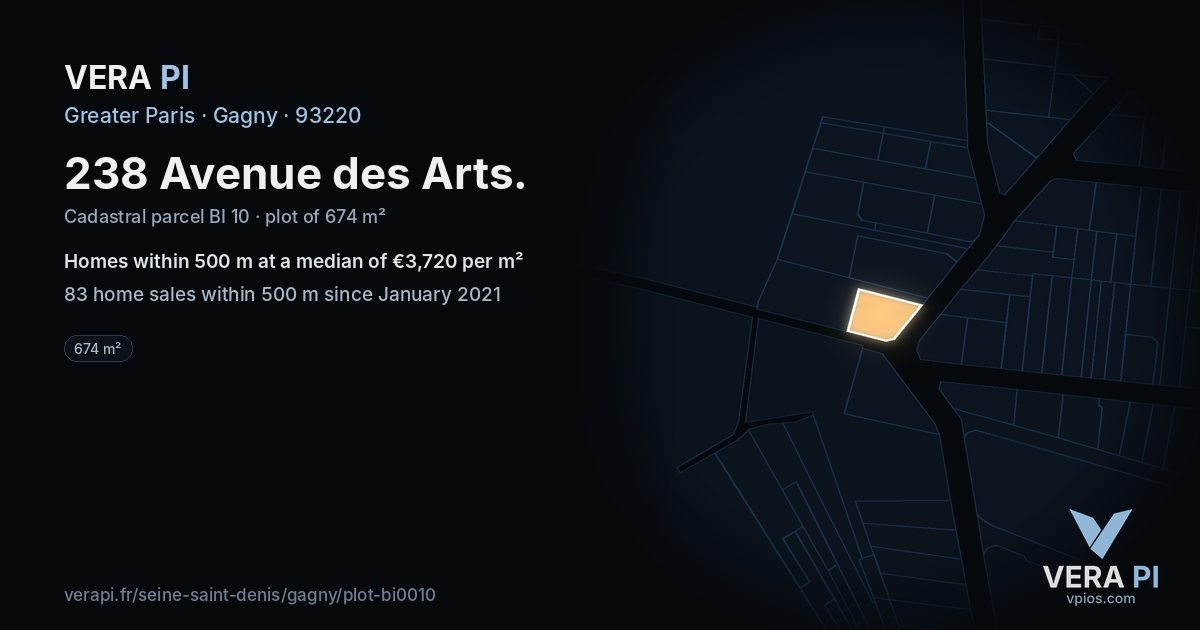 238 Avenue des Arts, Gagny at night – the plot lit, the parcels around coloured by the prices near them