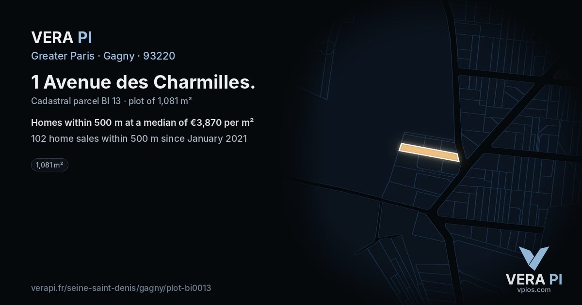 1 Avenue des Charmilles, Gagny at night – the plot lit, the parcels around coloured by the prices near them