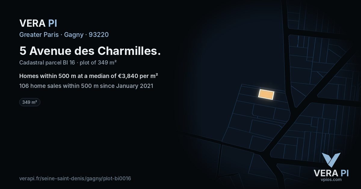 5 Avenue des Charmilles, Gagny at night – the plot lit, the parcels around coloured by the prices near them