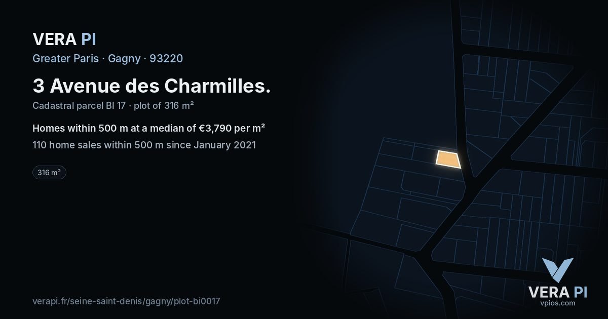 3 Avenue des Charmilles, Gagny at night – the plot lit, the parcels around coloured by the prices near them