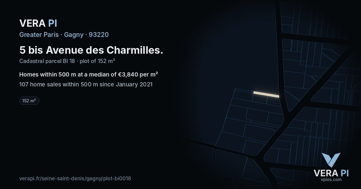 5 bis Avenue des Charmilles, Gagny at night – the plot lit, the parcels around coloured by the prices near them