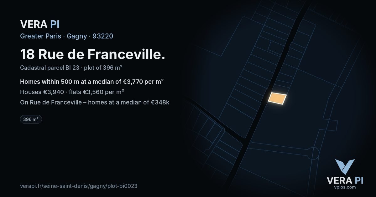 18 Rue de Franceville, Gagny at night – the plot lit, the parcels around coloured by the prices near them