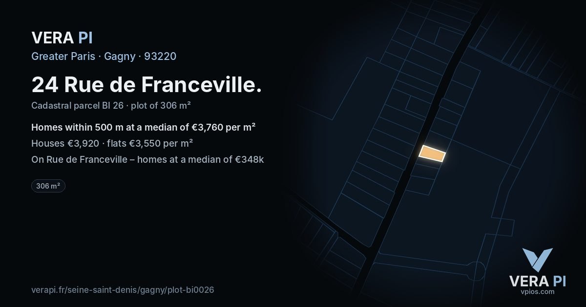 24 Rue de Franceville, Gagny at night – the plot lit, the parcels around coloured by the prices near them