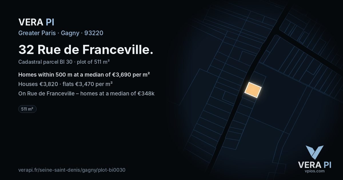 32 Rue de Franceville, Gagny at night – the plot lit, the parcels around coloured by the prices near them