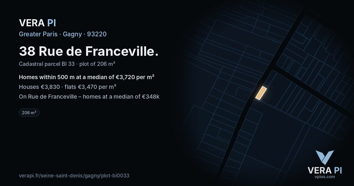 38 Rue de Franceville, Gagny at night – the plot lit, the parcels around coloured by the prices near them