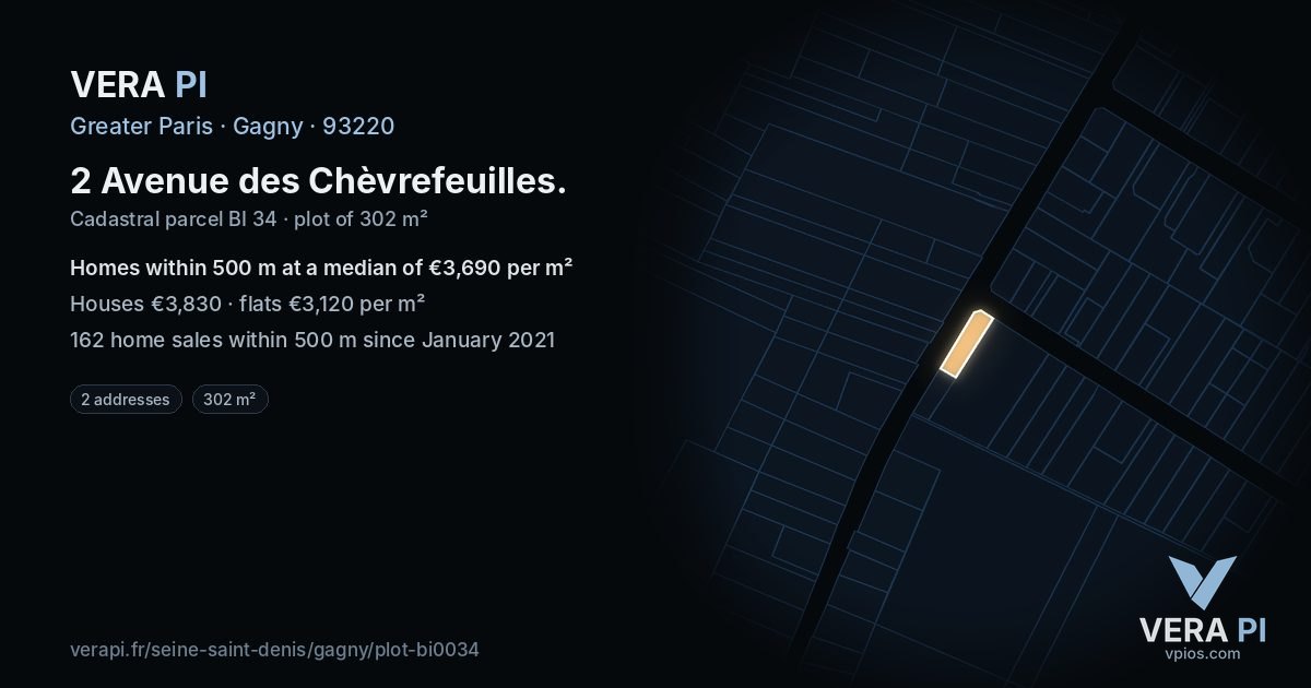 2 Avenue des Chèvrefeuilles, Gagny at night – the plot lit, the parcels around coloured by the prices near them