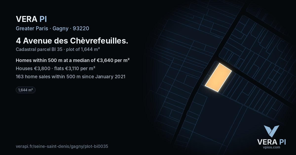4 Avenue des Chèvrefeuilles, Gagny at night – the plot lit, the parcels around coloured by the prices near them