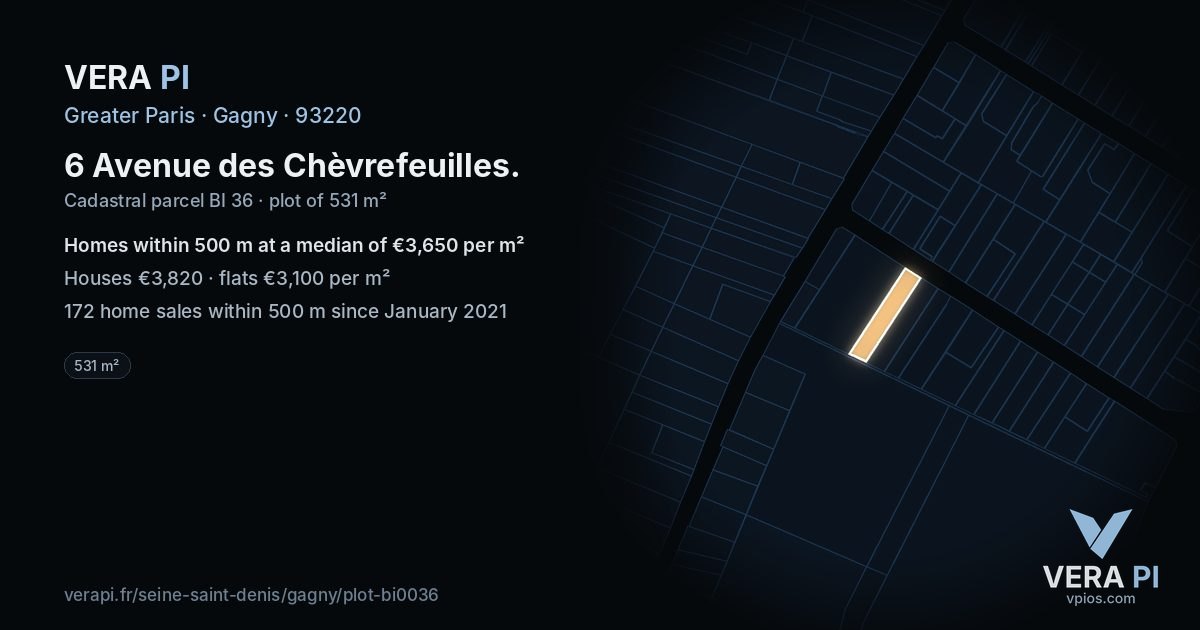 6 Avenue des Chèvrefeuilles, Gagny at night – the plot lit, the parcels around coloured by the prices near them