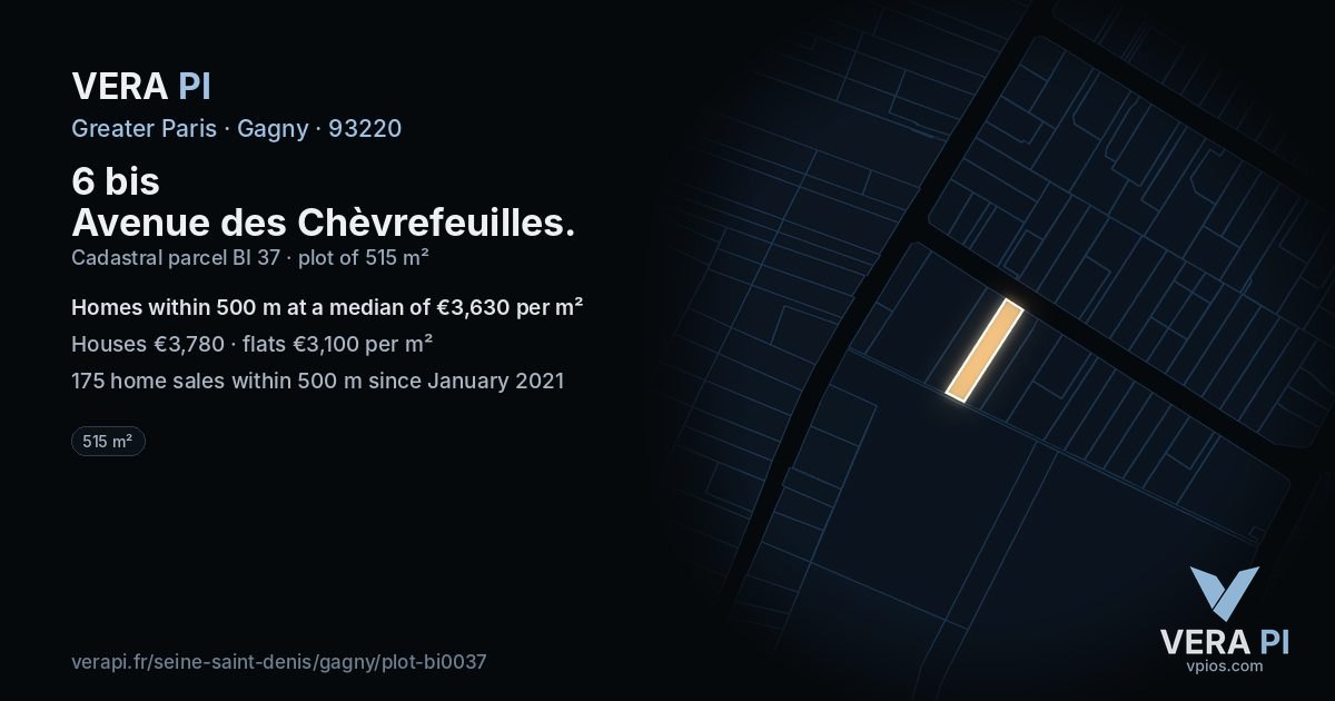 6 bis Avenue des Chèvrefeuilles, Gagny at night – the plot lit, the parcels around coloured by the prices near them