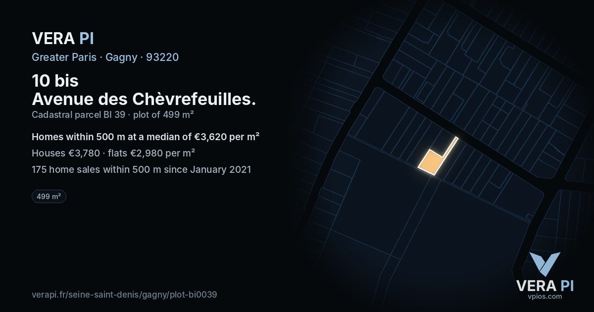 10 bis Avenue des Chèvrefeuilles, Gagny at night – the plot lit, the parcels around coloured by the prices near them